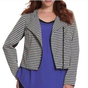 Lane‎ Bryant Blazer Jacket Womens 28 Black White Houndstooth Asymmetric Zip